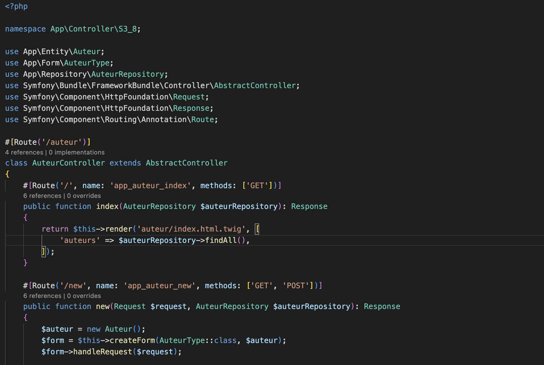 Visuel d'un controller symfony